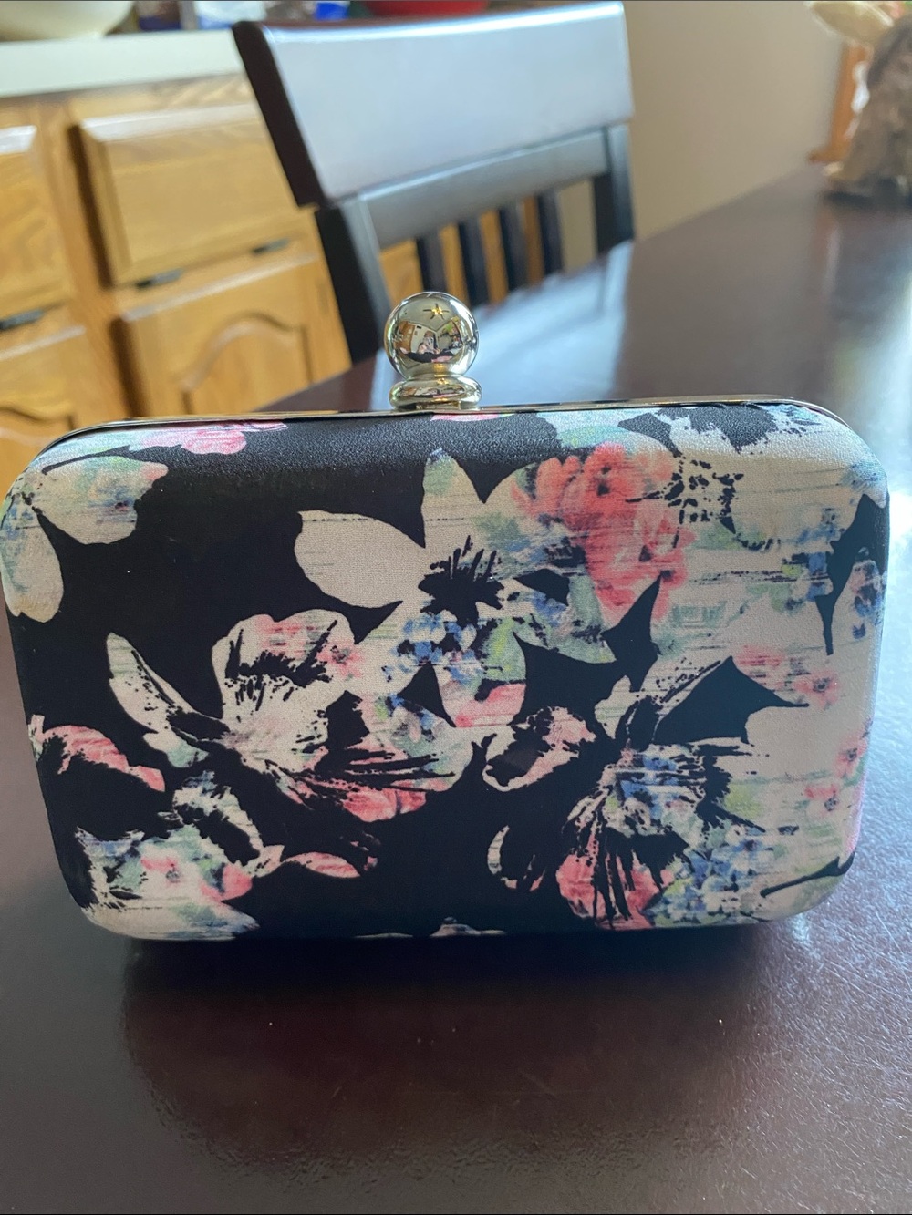 White House Black Market Black Floral Clutch with Pink and Cream Accents